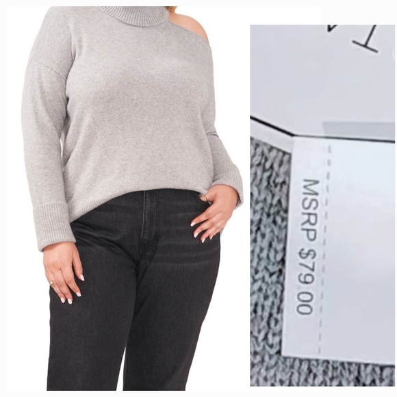 1.STATE Cutout Cold Shoulder Turtleneck Sweater Grey Cotton Relaxed Cozy 2X - Picture 4 of 7